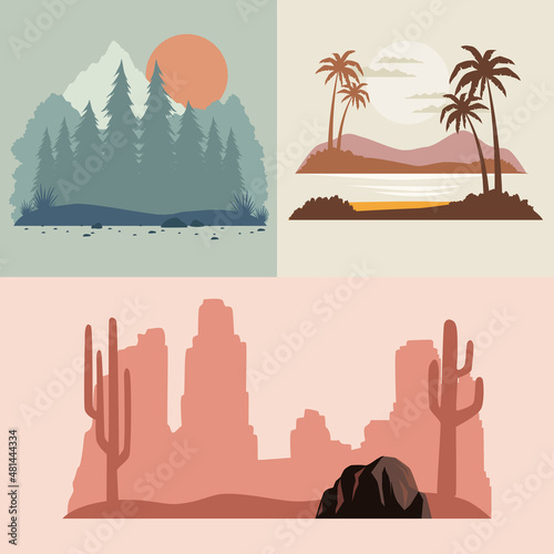 three landscapes scenes