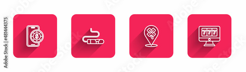 Set line Online poker table game, Cigar, Casino slot machine with clover and jackpot with long shadow. Red square button. Vector