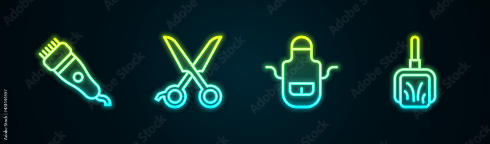 Set line Electrical hair clipper, Scissors hairdresser, Barber apron and Dustpan. Glowing neon icon. Vector