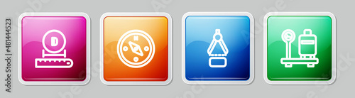 Set line Diameter, Compass, Drawing compass and Scale with suitcase. Colorful square button. Vector