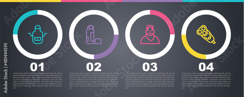 Set line Barber apron, Shaving gel foam, Client barbershop and Electric razor blade. Business infographic template. Vector