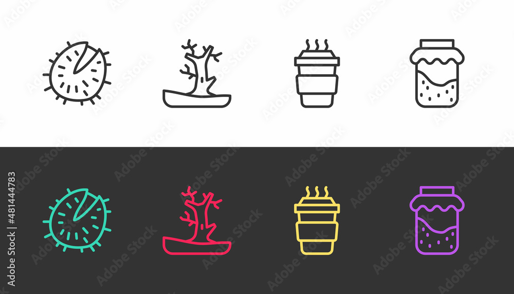 Set line Chestnut, Bare tree, Coffee cup to go and Jam jar on black and white. Vector Set line Chestnut, Bare tree, Coffee cup to go and Jam jar on black and white. Vector