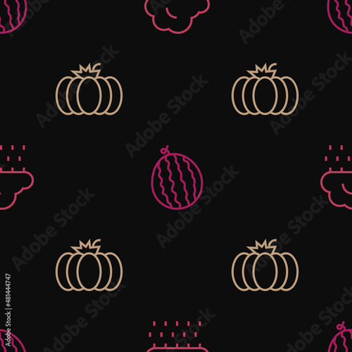 Set line Cloud with rain  Pumpkin and Watermelon on seamless pattern. Vector