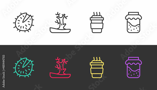 Set line Chestnut, Bare tree, Coffee cup to go and Jam jar on black and white. Vector