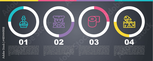 Set line Bottle with potion, Witch, Toilet paper roll and Castle, fortress. Business infographic template. Vector
