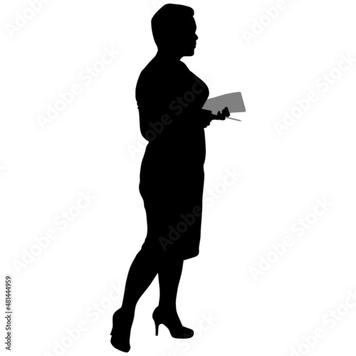 black silhouette of girl with short haircut in dress with notebook and pencil in her hands