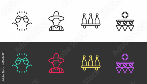 Set line Wine tasting, degustation, Farmer the hat, Bottle of wine and Drying grapes on black and white. Vector