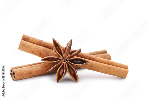 Cinnamon sticks with star anise isolated on white background