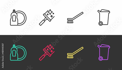 Set line Dishwashing liquid bottle, Rubber cleaner for windows, Brush cleaning and Trash can on black and white. Vector