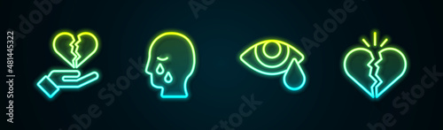 Set line Broken heart or divorce, Man graves funeral sorrow, Tear cry eye and . Glowing neon icon. Vector