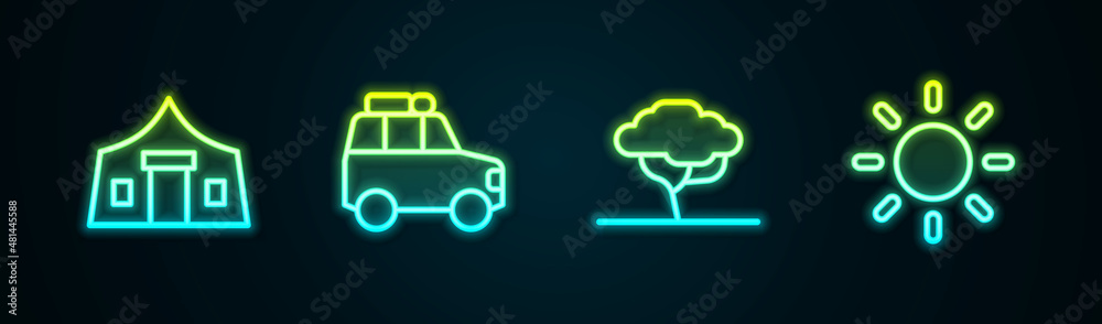 Set line Tourist tent, Car, African tree and Sun. Glowing neon icon. Vector
