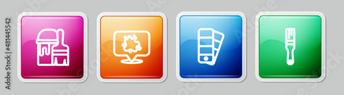 Set line Paint bucket with brush, spray, Color palette guide and . Colorful square button. Vector