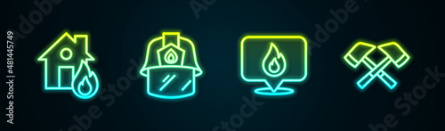 Set line Fire in burning house, Firefighter helmet, Location with fire flame and axe. Glowing neon icon. Vector