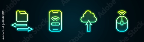Set line Transfer files, Mobile with wi-fi wireless, Cloud upload and Wireless computer mouse. Glowing neon icon. Vector