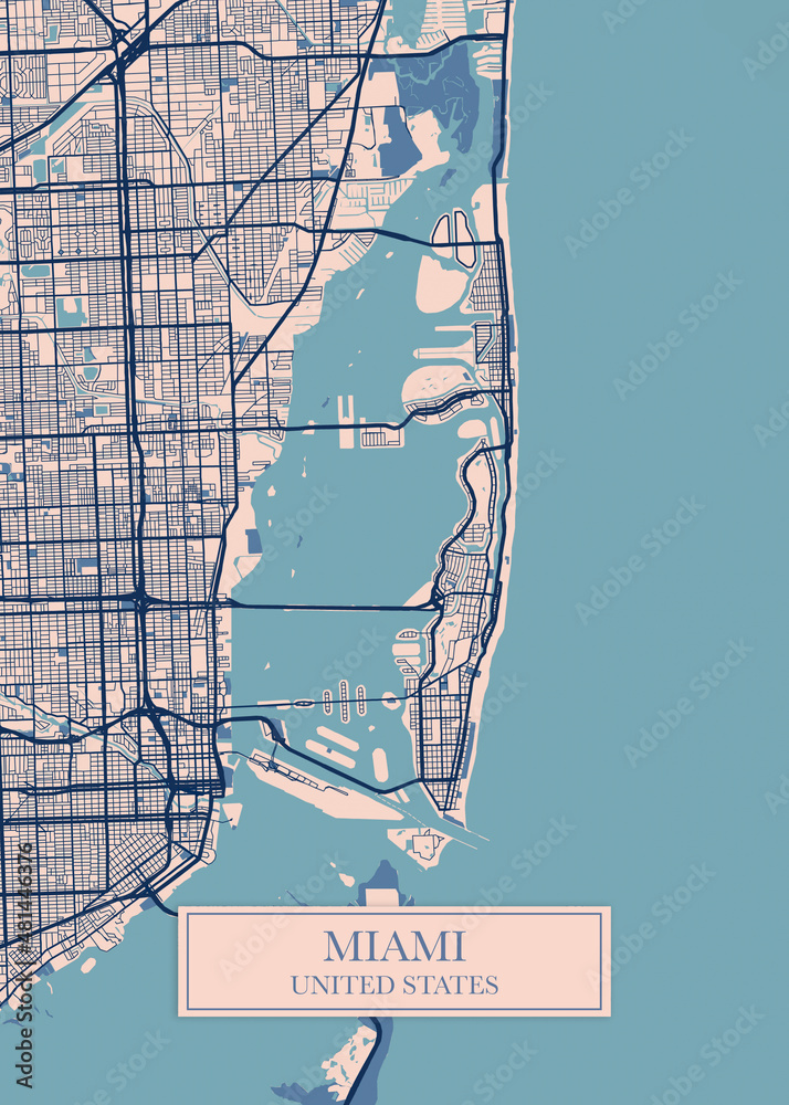 Miami city map poster print. Detailed map of Miami (United Stated). Stock  Illustration | Adobe Stock