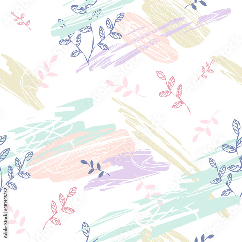 Springtime textured seamless pattern with blots on white background. Botanic abstraction vector illustration.
