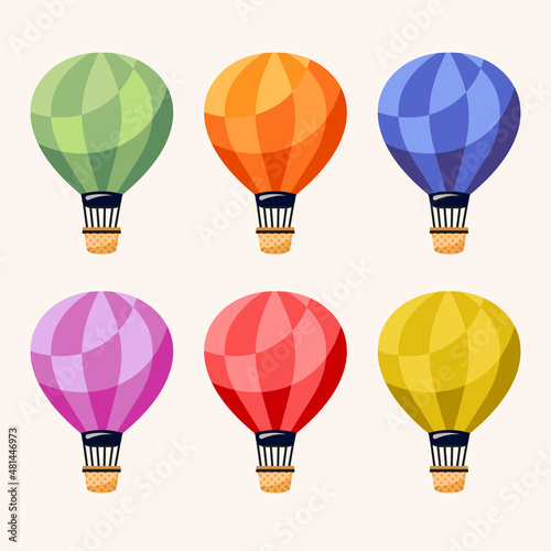 Flying travel transports set in simple flat style. Baloons vector illustration.
