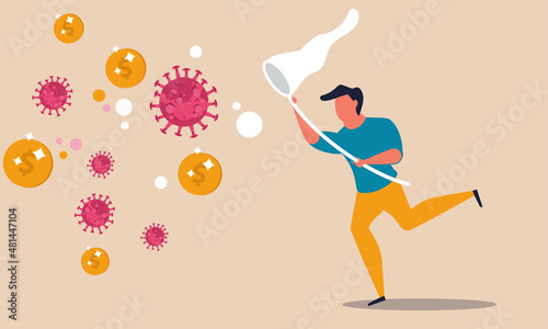Covid virus future and man hunt on coin. Problem and motivation strategy people and stimulus vector horizontal illustration concept. Finance risk and crisis dividend economy. Business support investor
