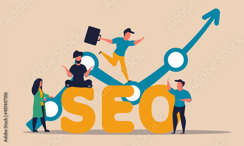 Seo content adword campaign and mobile html optimization for people. Promotion service vector illustration concept. Data development and business performance. Success work website and web traffic