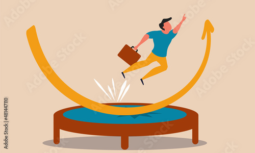Rebound power enterprise and business economic spring graph jump up. Success trampoline arrow vector illustration concept. Man bounce and ascend fast chart. Businessman fly and growth positive earn