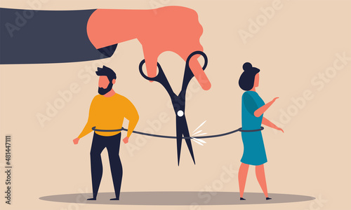 Trouble people and scissor cut conflict. Family problem man and girl for love vector illustration concept. Solution and marriage with argument. Cartoon character hate half love and confusion