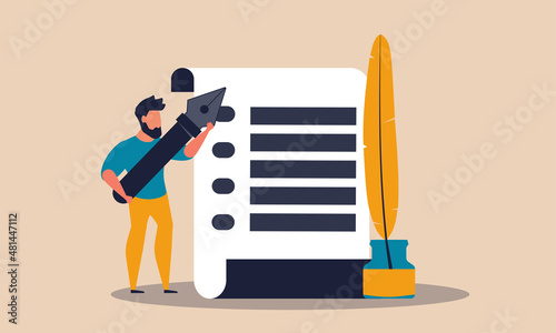 Contract landlord and document with pen signing. People paperwork and business deal vector illustration concept. Real estate investment and owner transaction. Finance agreement sold rental home photo