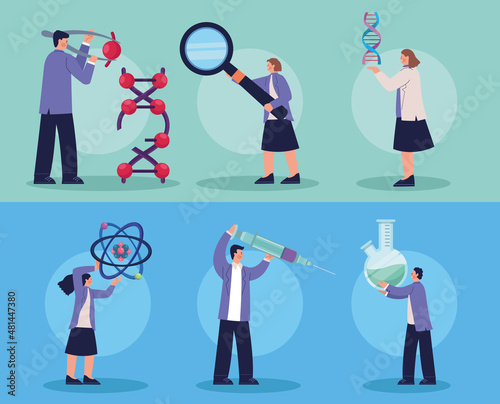 six scientist with laboratory icons