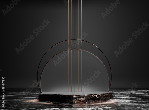 Round rough stone pedestal. Black cylinder in dark water. 3d render illustration. Gold glitter decor design. Empty base for product promotion. Luxury golden mockup with rock shape podium