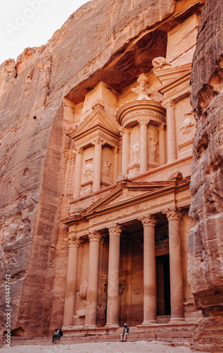 Bedouins in Petra. Facade of the Treasury in Petra. Hashemite Kingdom of Jordan. Al-Khazneh or Treasury in Petra, Jordan