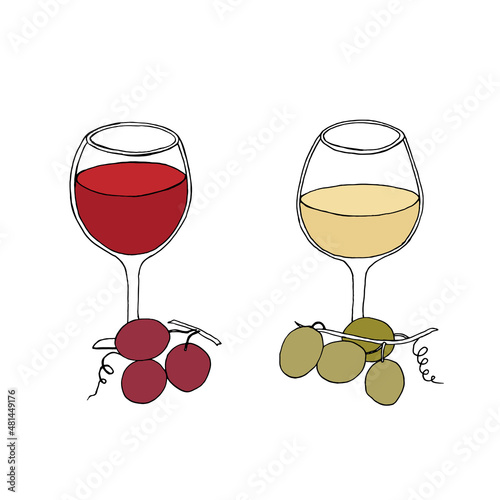 A set of two glasses with red and white wine. Wine tasting. Vector illustration in the style of doodles.