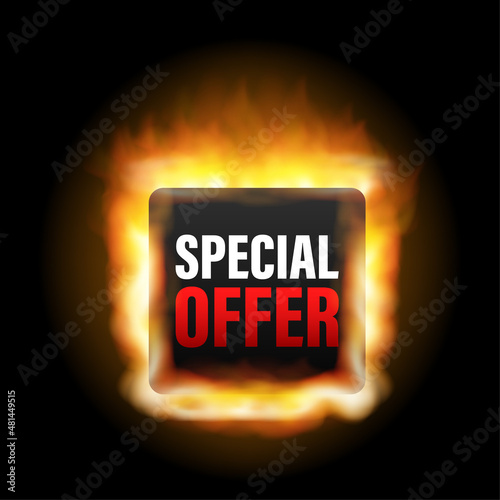 Special Offer grunge style black colored fire icon. Discount label. Vector stock illustration.