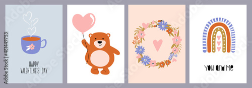 Set of hand drawn illustrations in minimal flat style with mug, teddy bear, wreath, flowers and rainbow. Art painting of the walls. For postcard, poster, children's room decoration.