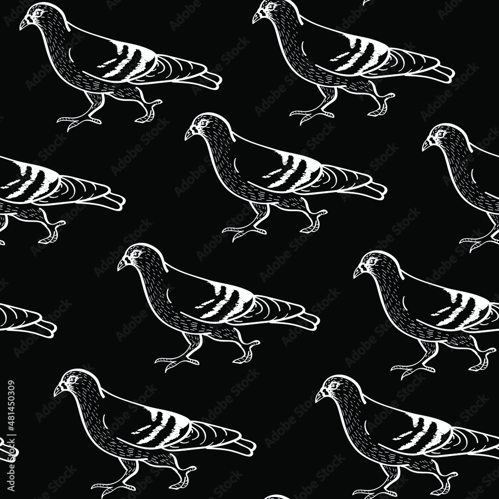 Pigeons, birds, animals vector chalk seamless pattern isolated on dark background. Concept for print, cards, wallpapers Pigeons, birds, animals vector chalk seamless pattern isolated on dark background. Concept for print, cards, wallpapers