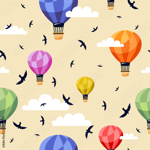 Seamless pattern with flying travelling baloons in simple flat style. Transport vector illustration.
