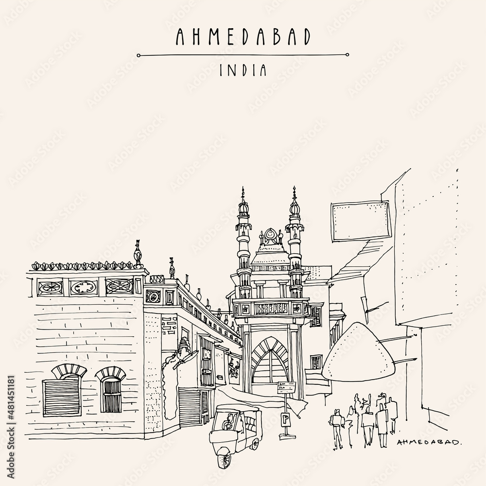 Vector Ahmedabad, Gujarat, India artistic postcard. A mosque near Gandhi road. Old buildings and rickshaw (riksha, tul tuk). Travel sketch. Vintage hand drawn touristic poster, brochure illustration