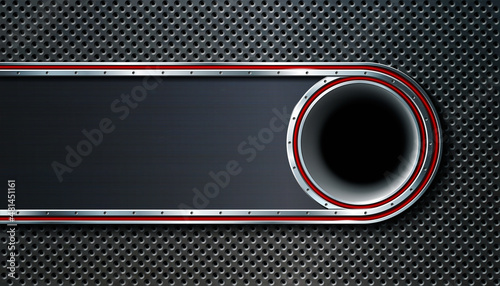 Dark metal perforated background with place for text. For industrial and technology design.