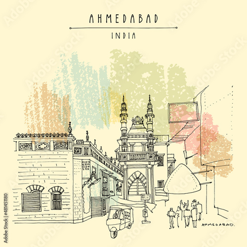 Vector Ahmedabad, Gujarat, India artistic postcard. A mosque near Gandhi road. Old buildings and rickshaw (riksha, tul tuk). Travel sketch. Vintage hand drawn touristic poster, brochure illustration