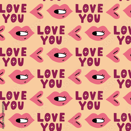 Seamless pattern character lips love you. Valentine s Day digital paper wallpaper textile fabric repeat background