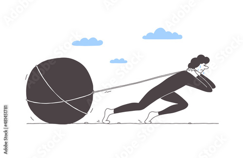 Cartoon character pulling big stone on rope. Unhappy man with sweat drops drags rock heavy boulder. Sad tired person. Duty, burden, struggle or effort. Debt, hard work, hardship vector illustration