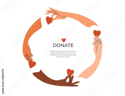 Donation, charity foundation template. Diversity human hands forming circle give heart shapes. People donate money concept, blood, sharing love to needy. Social care, helping hand vector illustration