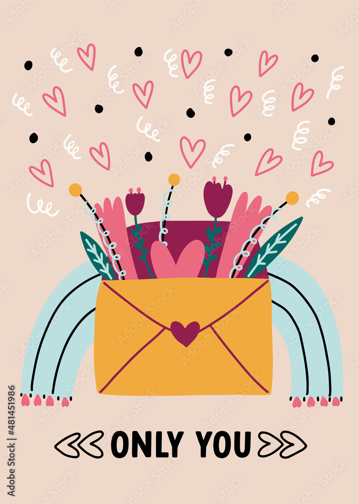 Valentine's Day postcard Only you Lettering Text Love. Vector illustrated hand drawn doodle envelope of letters with flowers heart blue rainbow. Romantic greeting digital card