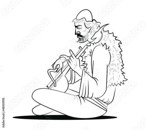 Albanian man with traditional instrument lahuta, with folk dress, line, isolated,