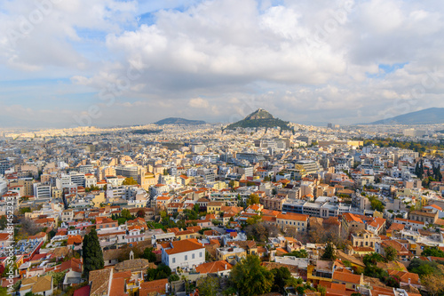 View of the Plaka and Monastiraki districts and Mount Lycabettus from the Acropolis on Acropolis Hill in Athens, Greece, on an overcast autumn day. © Kirk Fisher