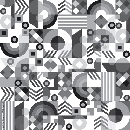 Seamless vector pattern of geometric shapes in Bauhaus style. Abstract background in retro style. Simple shapes in greyscale wallpaper for web design and textstyle.