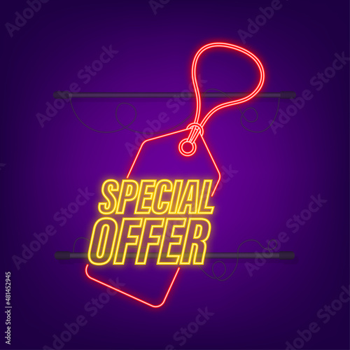 Special Offer neon style red colored tag. Discount label. Vector stock illustration.