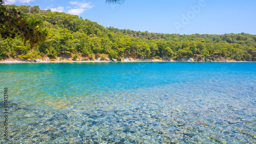 Phaselis beach. Crystal clear sea and forest on the background in Phaselis