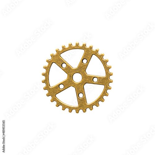 small beautiful golden mechanical gear isolated on white background