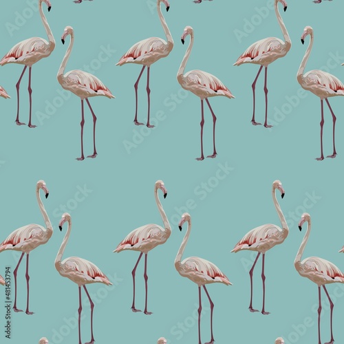 White creamy flamingo, mint background. Floral seamless pattern. Tropical illustration. Exotic birds. Summer beach design. Paradise nature.