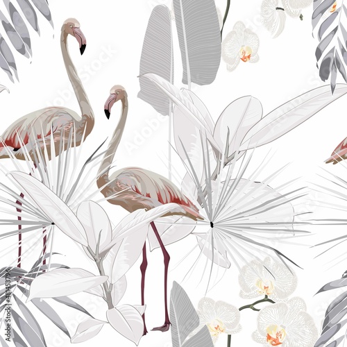 Flamingo on a white background, jungle. Seamless pattern with flamingos and tropical plants and flowers.  Colorful pattern for textile, cover, wrapping paper, web.