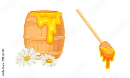 Beekeeping set. Wooden barrel of honey and wooden dipper with dripping liquid honey vector illustration